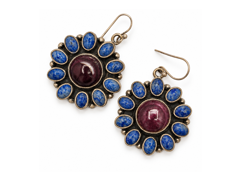 Thumbnail: gemstone flower earrings, bezel set earrings, hook earrings, blue gemstone earrings, purple