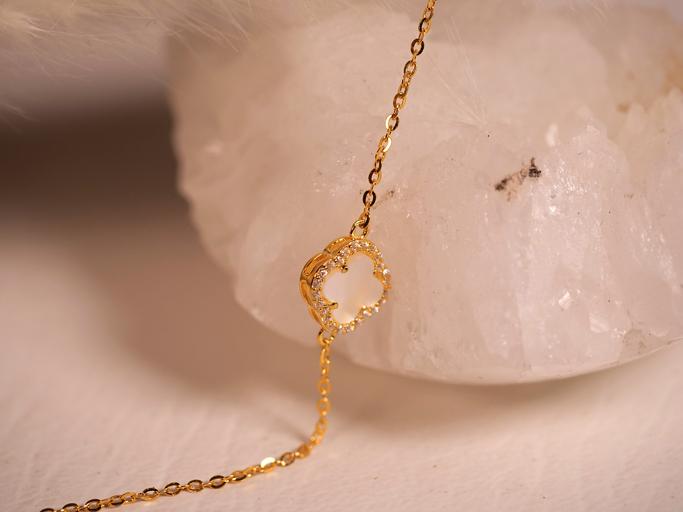Thumbnail: crystal energy bracelet, clover outline bracelet, faith and fortune jewelry, unique gold bracelet, graceful gold jewelry, sof