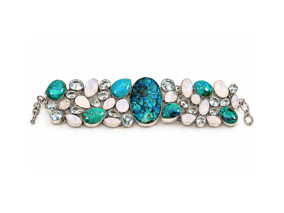This striking bracelet features the vibrant hues of blue topaz, earthy chrysocolla, and deep black onyx. The contrasting text