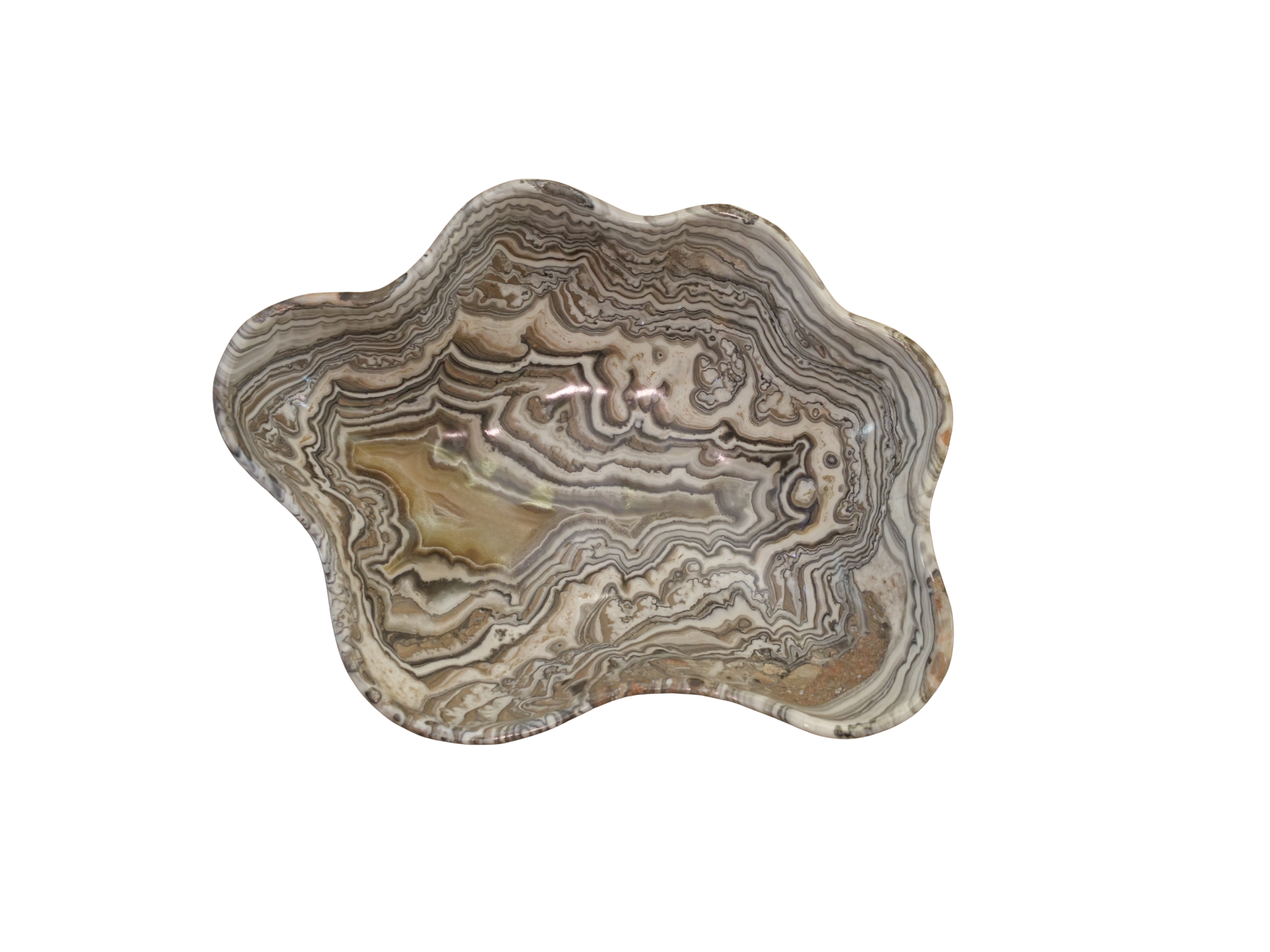 Zebra Onyx bowl handcrafted from natural stone with beautiful striped cream, brown, and taupe veining. A polished decorative