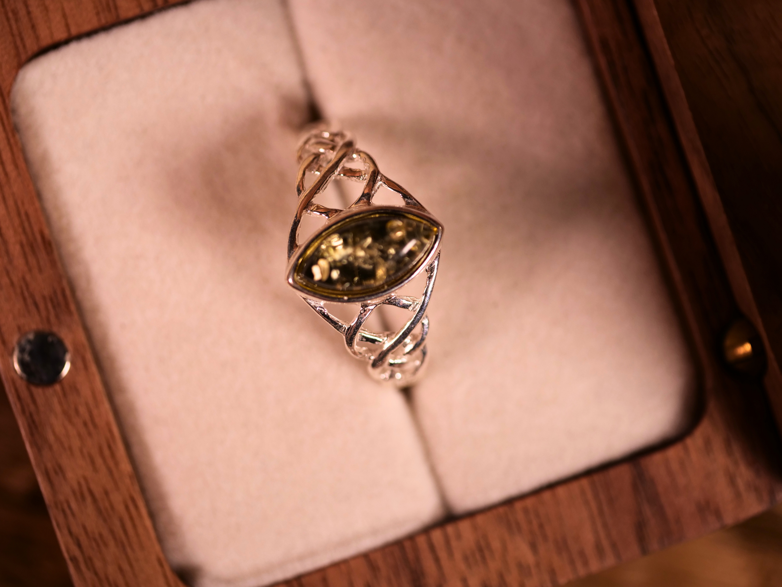 green amber silver ring, handmade green amber sterling silver ring Poland, Baltic green amber filigree ring,