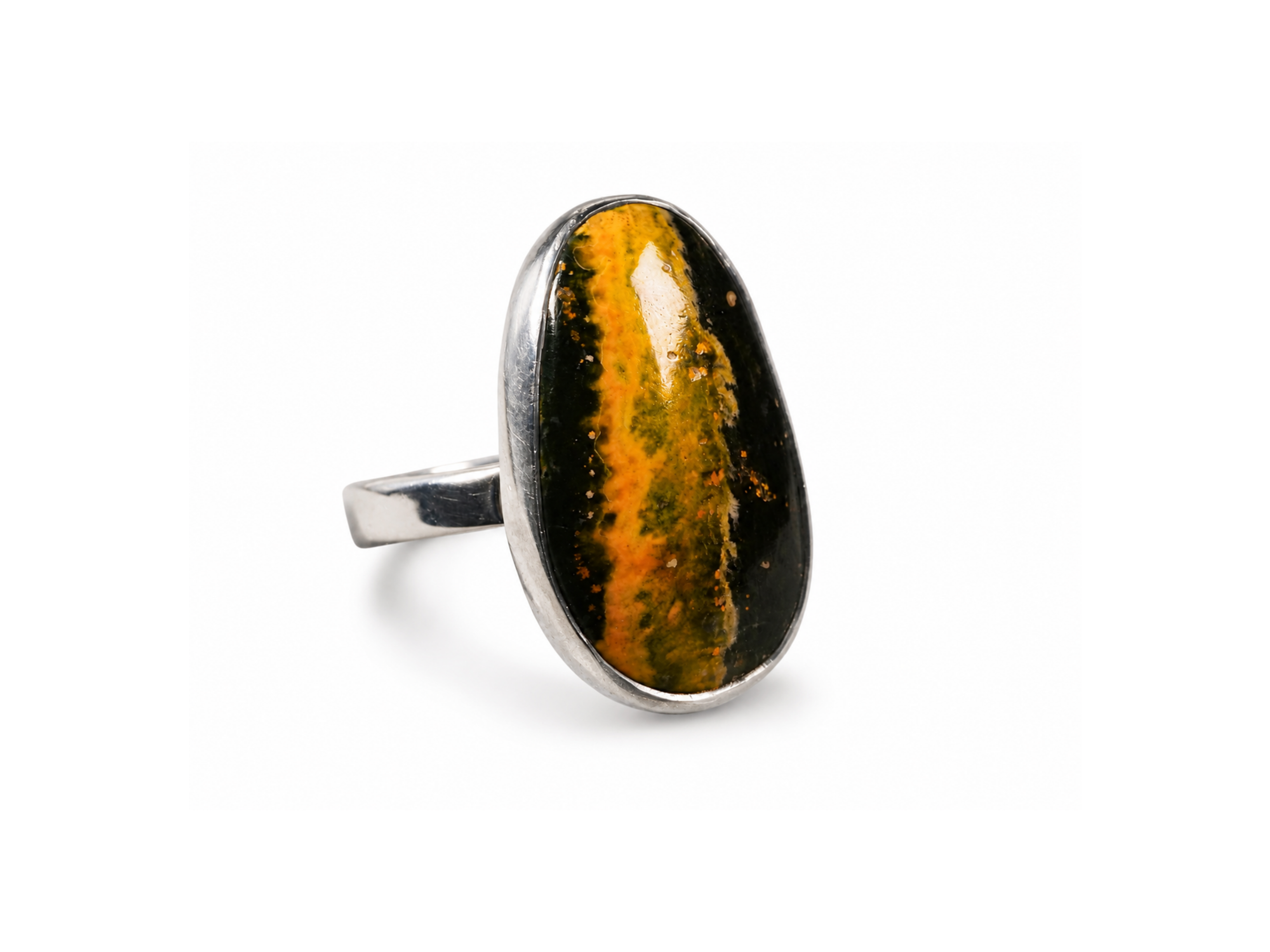 bumblebee, jasper, ring, gemstone, black, yellow, green, earthy, bold, statement, jewelry, oval,