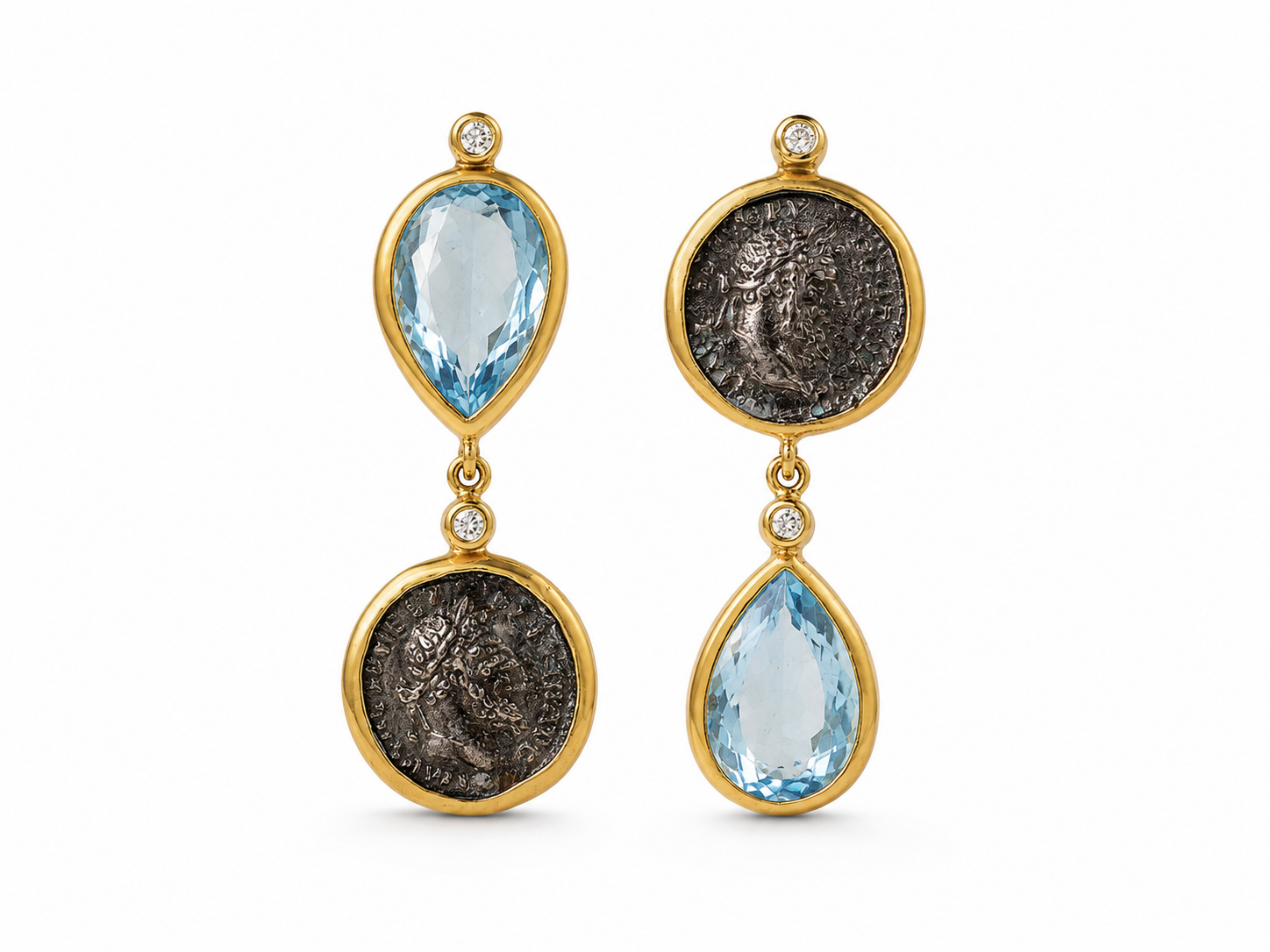 ancient greek coin earrings, blue topaz earrings, gold dangle earrings, historical jewelry, roman coin jewelry, antique