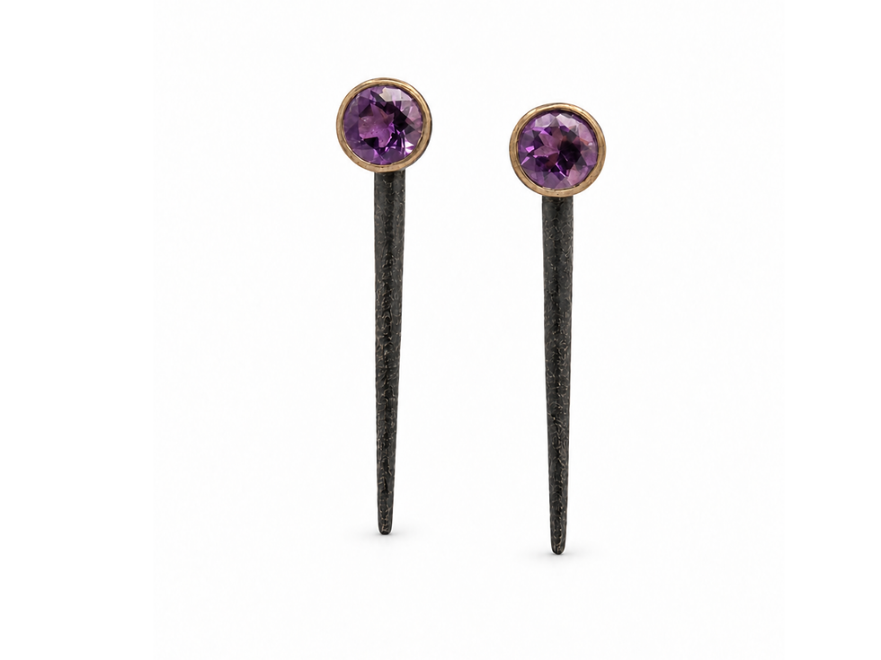Thumbnail: sculptural amethyst earrings, slender amethyst earrings, purple stone drop earrings, gold tone amethyst earrings