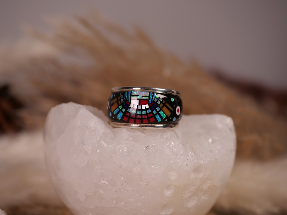 Thumbnail: inlay ring, heritage inlay jewelry, rare gemstone ring, celestial-inspired jewelry, multicolor inlay ring, silver and stone