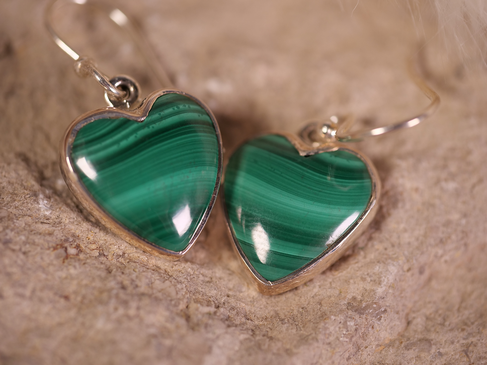 Thumbnail: elegant heart earrings, silver and green combination, natural stone transformation