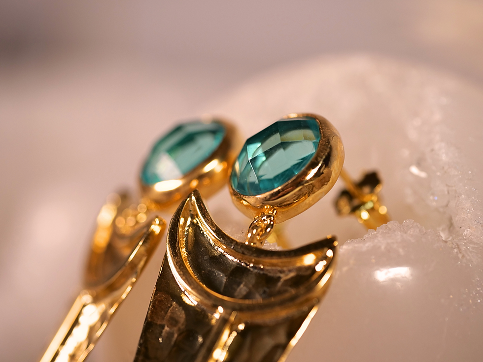 Thumbnail: modern boho style, minimalist jewelry, moon goddess earrings, gold and aquamarine, jewelry for special occasions