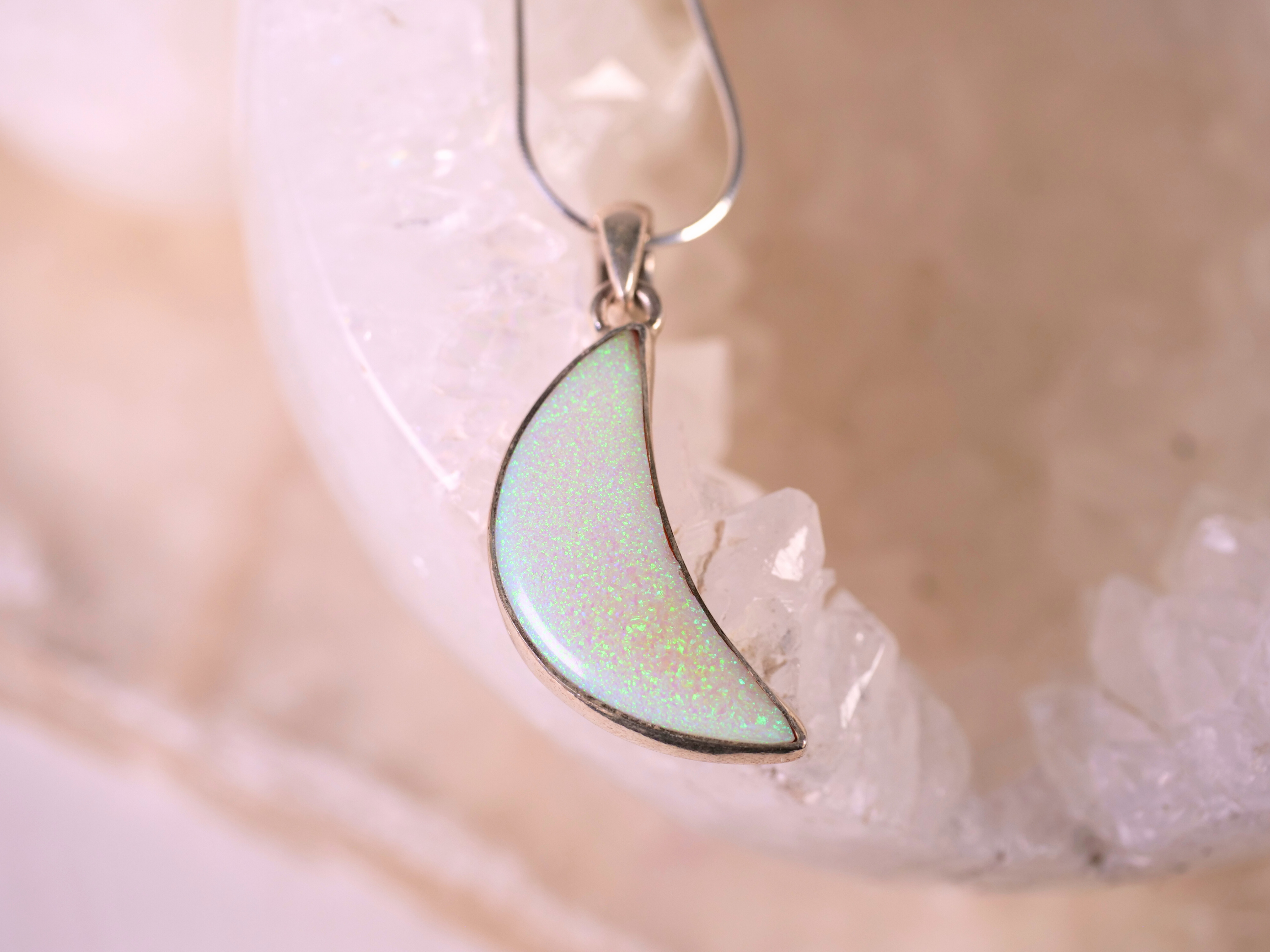 white opal moon pendant, opal moon necklace, opal gemstone pendant, opal gemstone Bozeman,