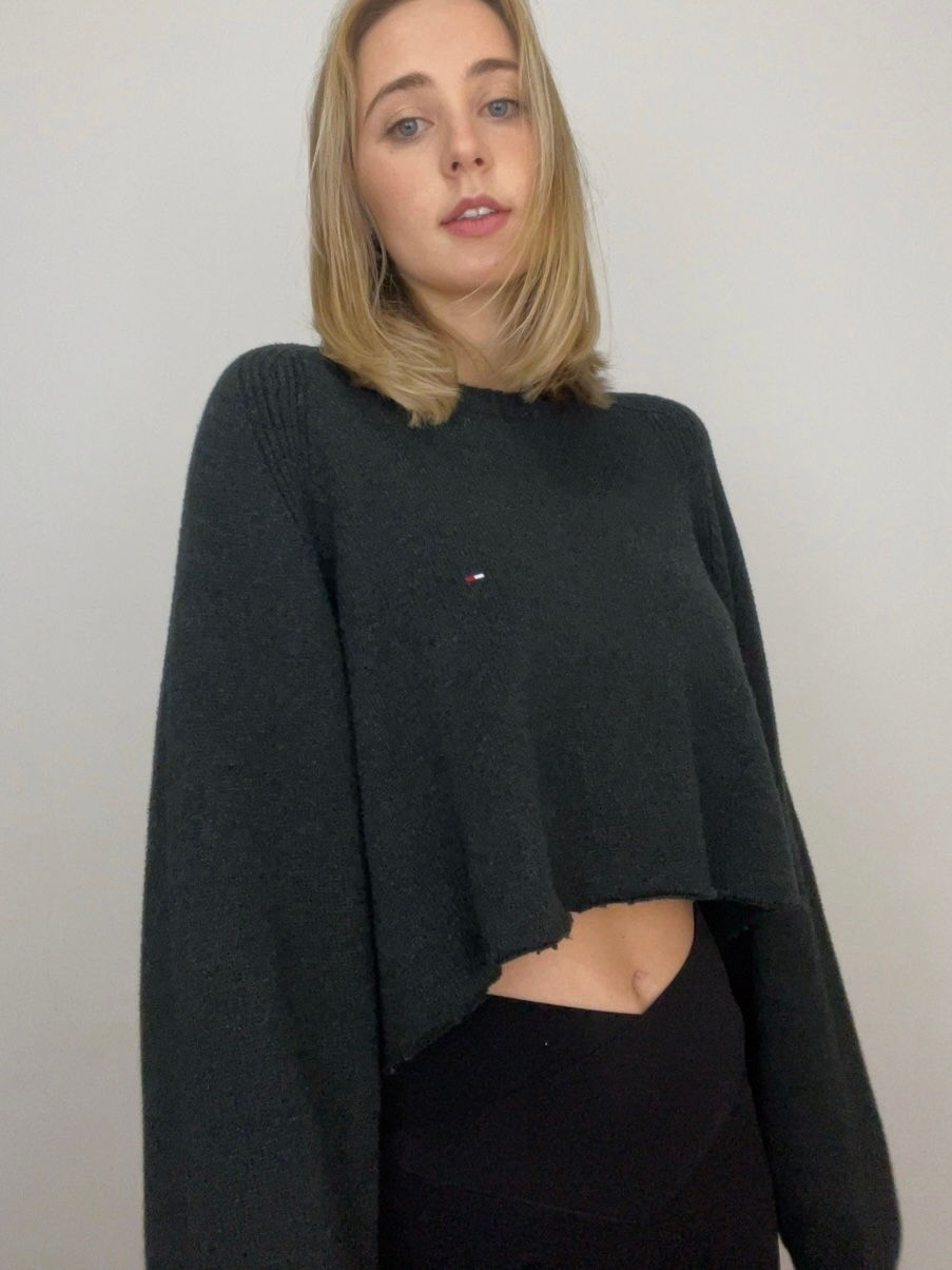 Thumbnail: Charcoal Gray Raw Edge Cropped Tommy Sweater