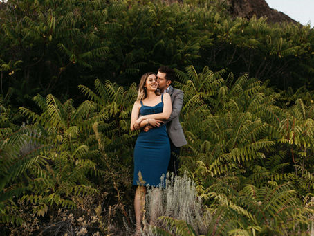 A wide angle of a man in a suit giving a hug to a smiling woman in a blue dress, as they stand in a mass of green ferns.