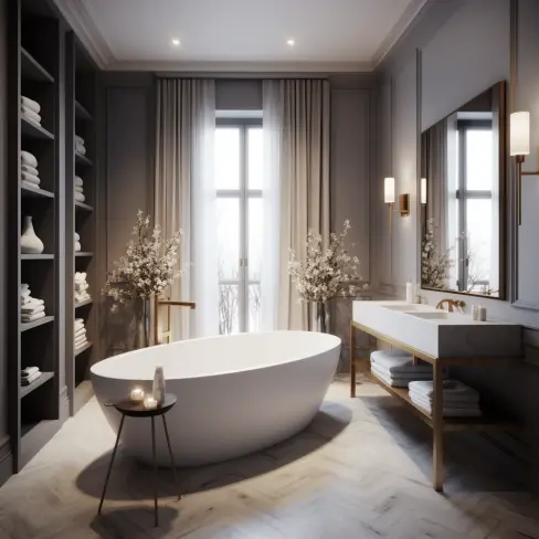 a bathroom with a bathtub and two sinks
