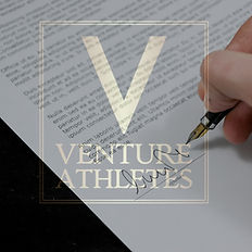 Hand signing document with "Venture Athletes" logo; contract details. Venture Athletes.
