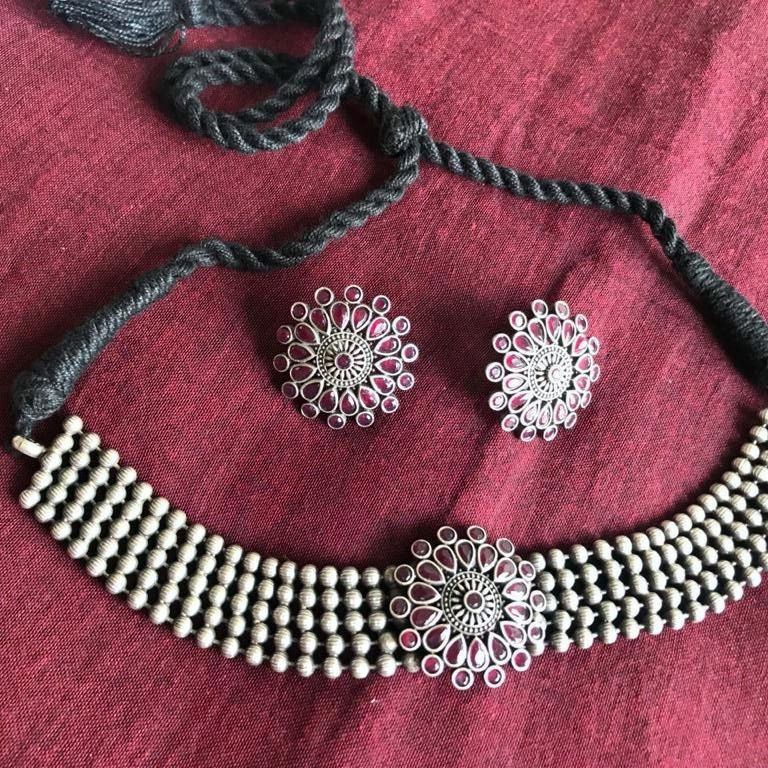 Thumbnail: Oxidised handmade choker necklace & earring