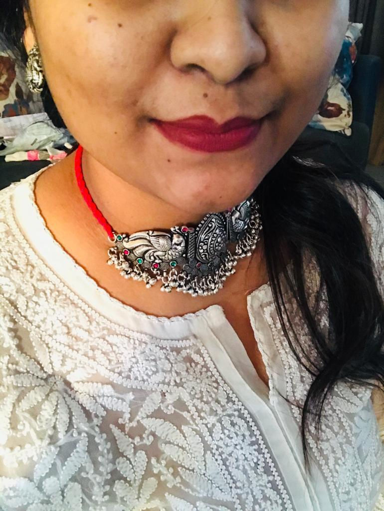 Thumbnail: Oxidised handmade Maharashtrian peacock temple necklace & earring