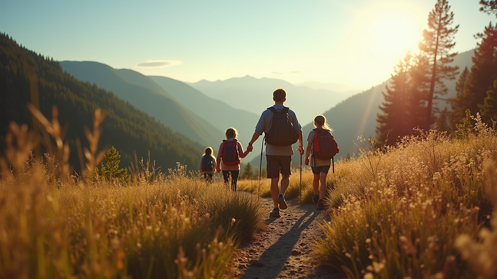 Wide angle view of a family hiking on a scenic trail