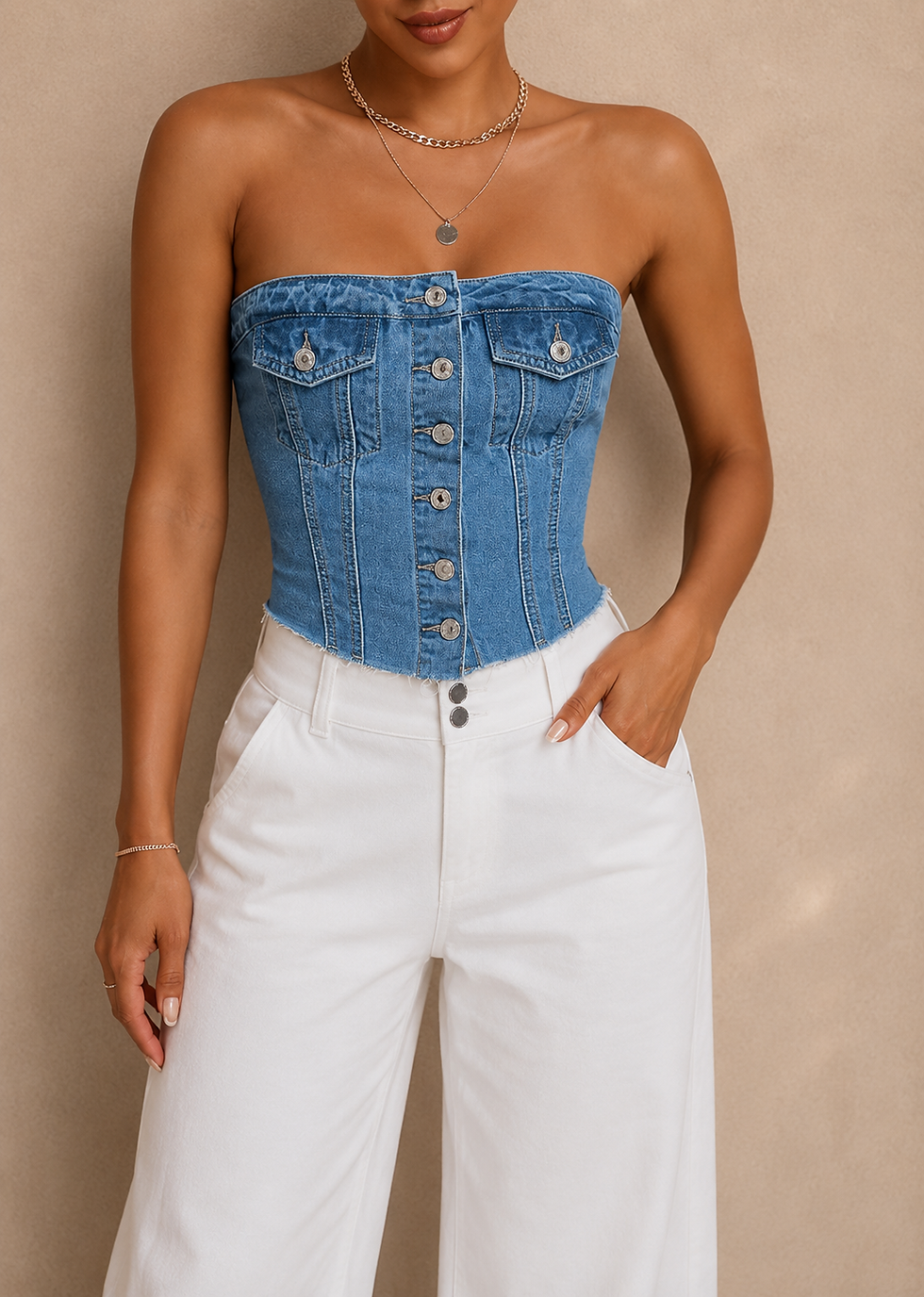 Corset denim top with wide leg white denim jeans