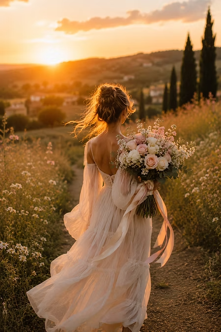 woman walking down path holding bouquet