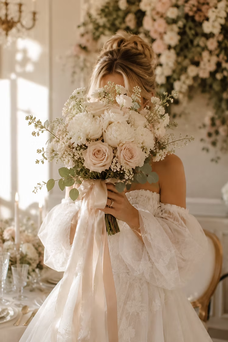 woman covering face with bouquet