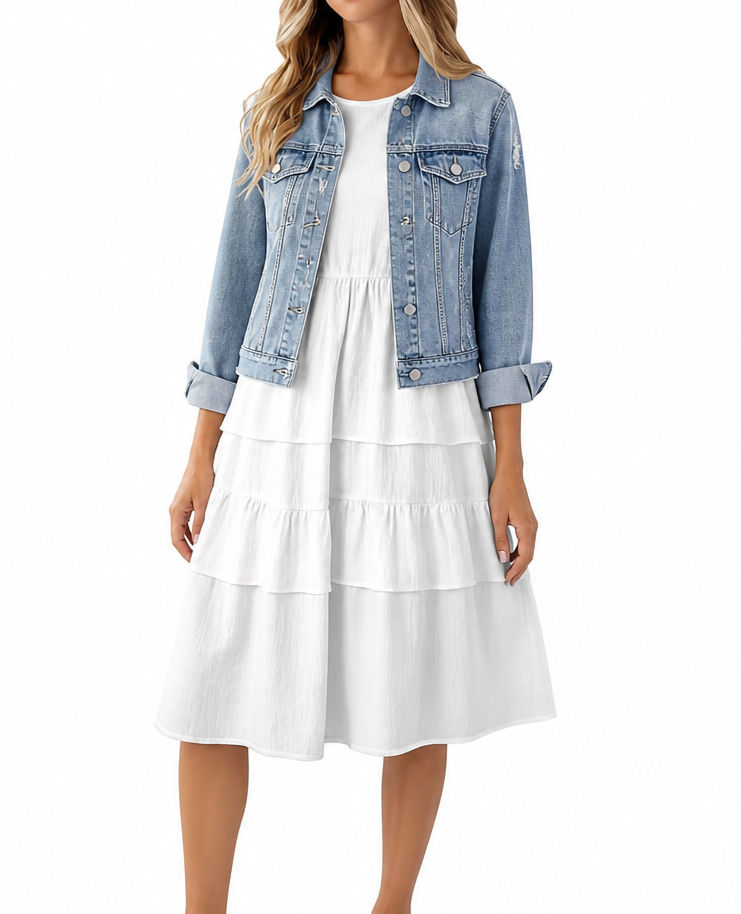 jean jacket and white dress