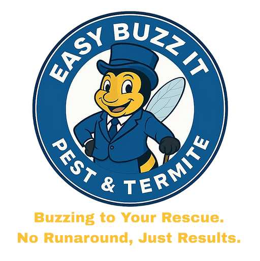 Buzzwell Bee mascot of Easy Buzz It Pest and termite. With company slogan, Buzzing to your rescue, No run around. Just result