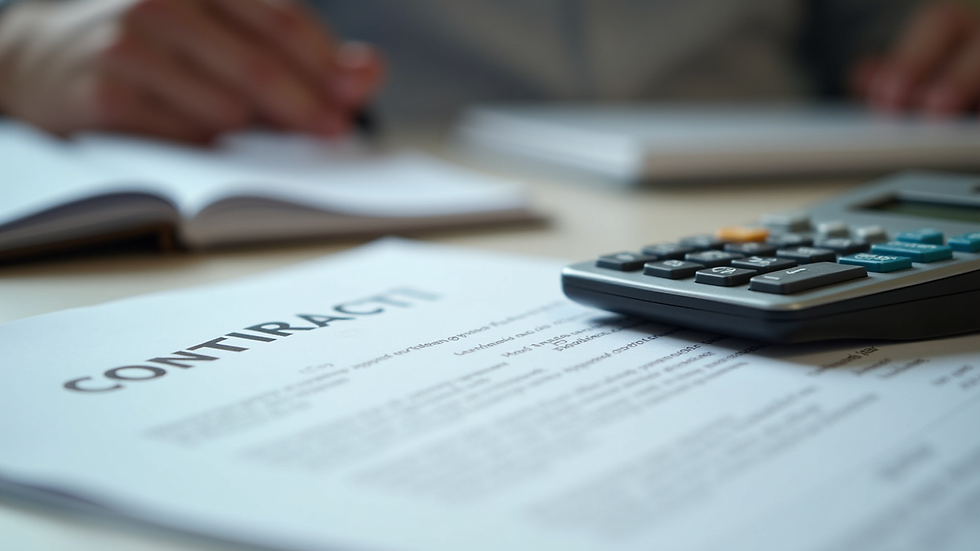 Close-up view of a contract and calculator on a desk