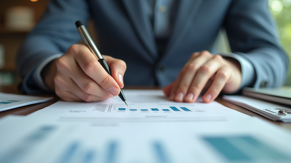 Close-up view of a real estate investor reviewing property documents