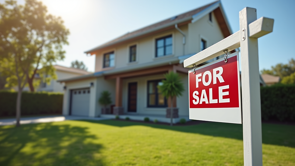 Eye-level view of a modern house with a "For Sale" sign in front