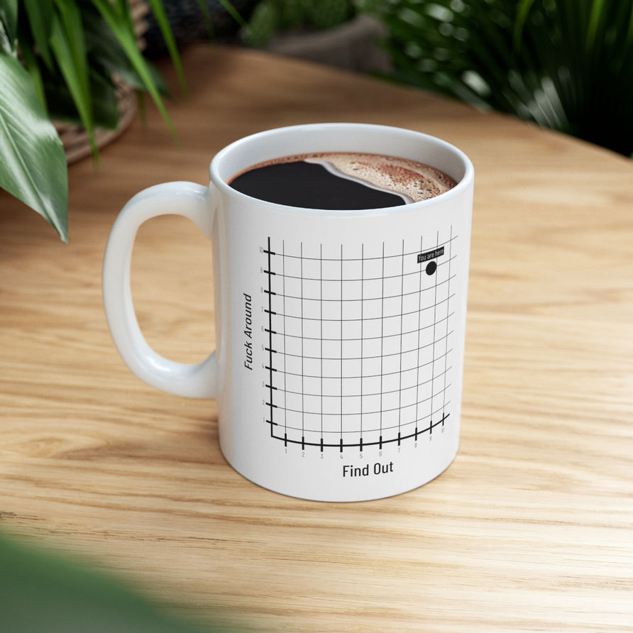 White FAFO Mug sitting on wooden table