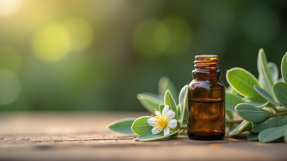Eye-level view of a small bottle of eucalyptus radiata essential oil on a wooden surface
