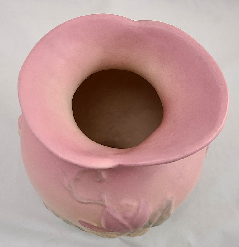 Thumbnail: Hull Magnolia Vase with Inverted Leafy Vine-like Handles Shape 2-8 1/2 c1940s