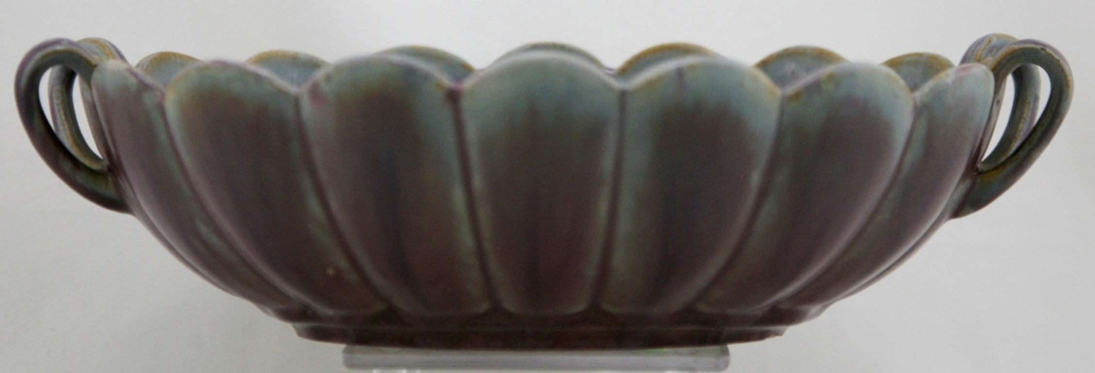 Fulper 11.5" Fluted Bowl w/Twin Handles c1917-1927 In Plum Glaze F416