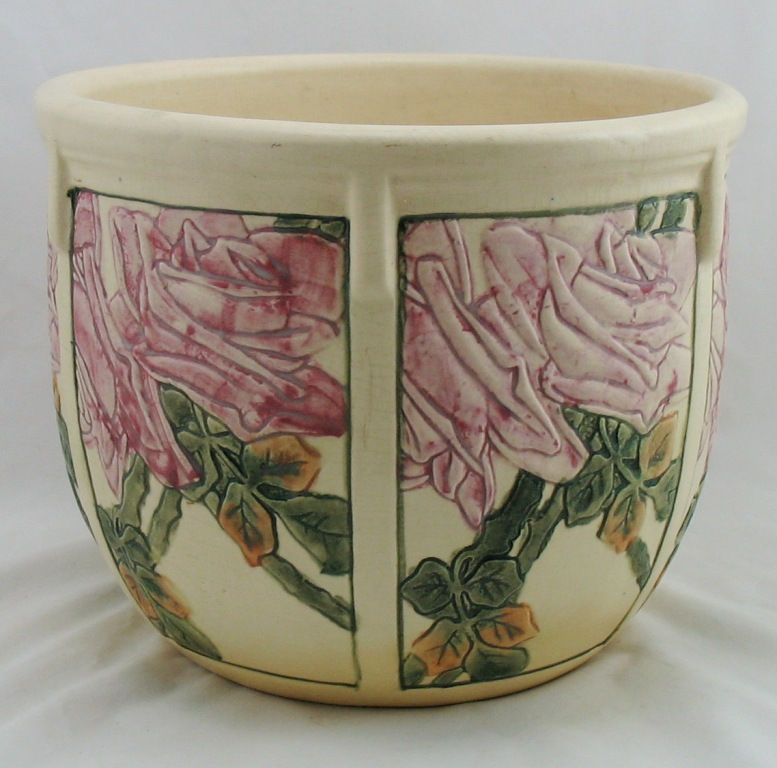 Thumbnail: Weller Creamware Roma Buttressed Arts & Crafts Jardiniere Rose Blossoms c1910s-2