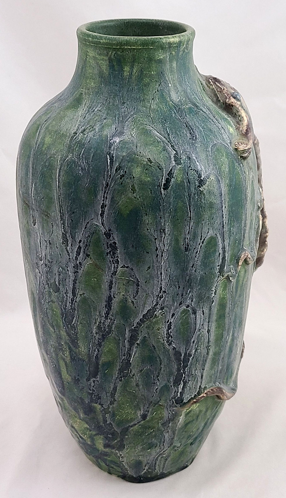 Thumbnail: Rick Freiwald Studio Art Pottery Dragon Vase in Green with Blue and Oyster Frost