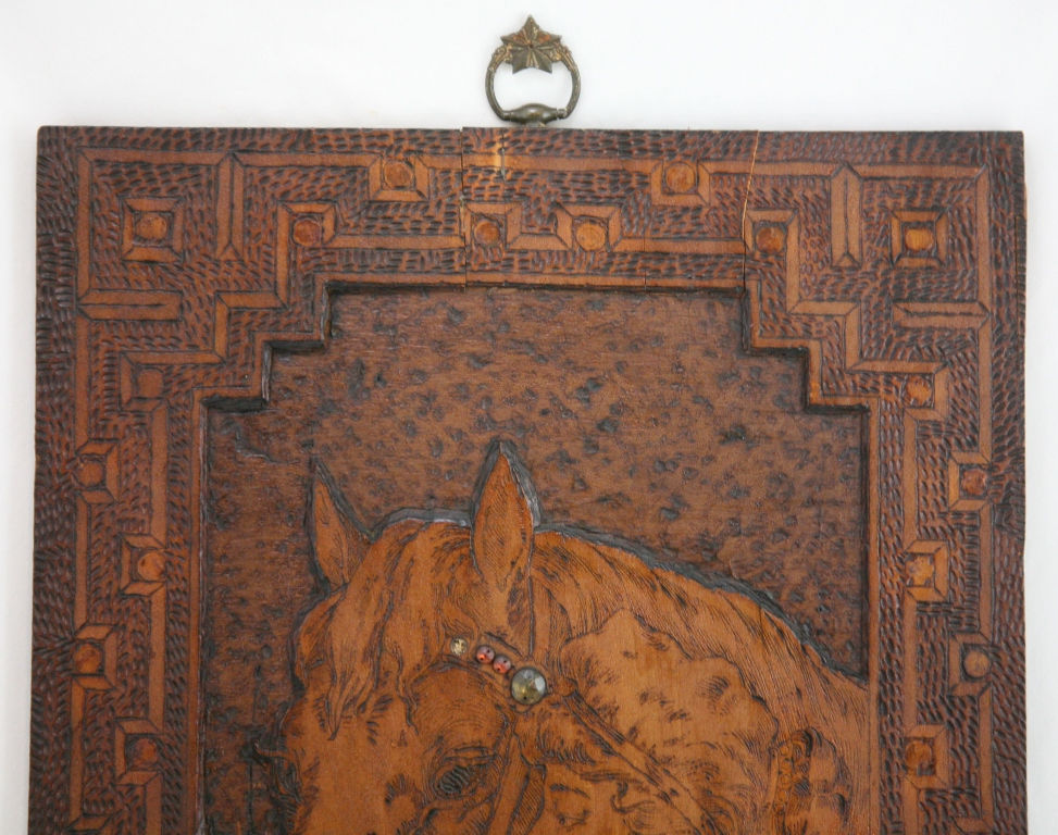Thumbnail: Flemish Art Co. NY Pyrography Plaque 'Thoroughbreds' Motif c1900