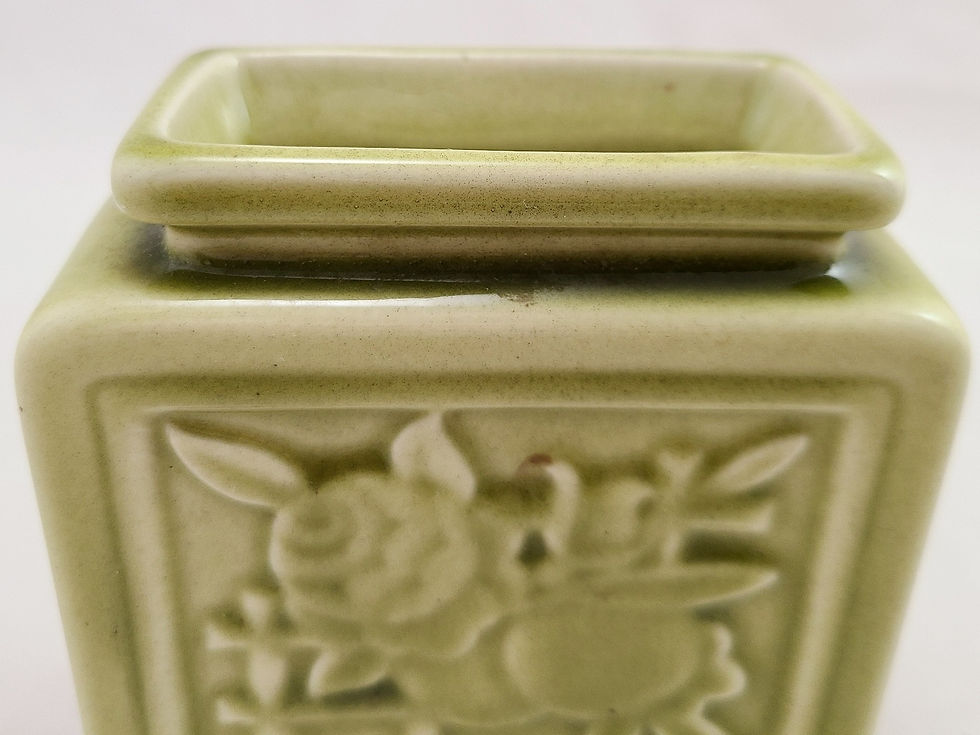 Thumbnail: Rookwood Asian-inspired Square Vase Rose & Trellis Design Chartreuse Glaze d1951