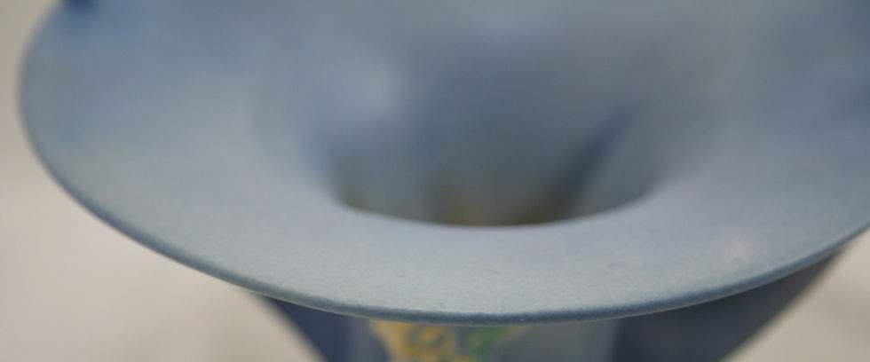 Thumbnail: Roseville Foxglove Handled Basket In Gorgeous Blue Blushed Glazes Great Mold