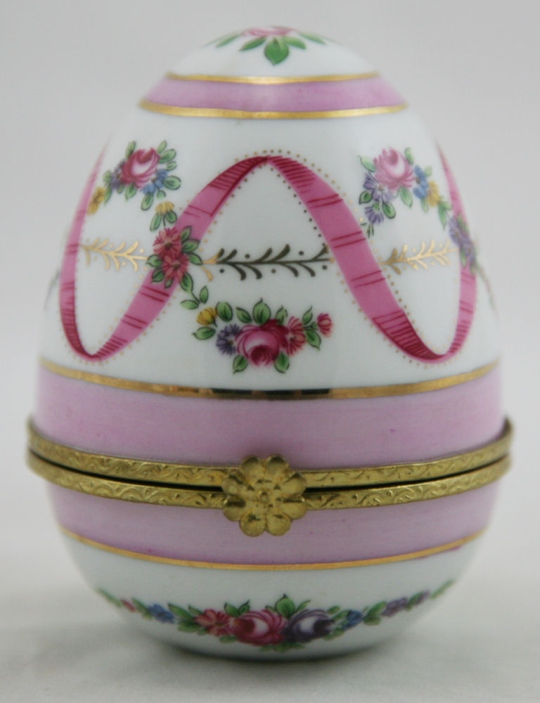 Pretty in Pink China Hinged Egg Trinket Box Floral Accents and Goldtone Hinge
