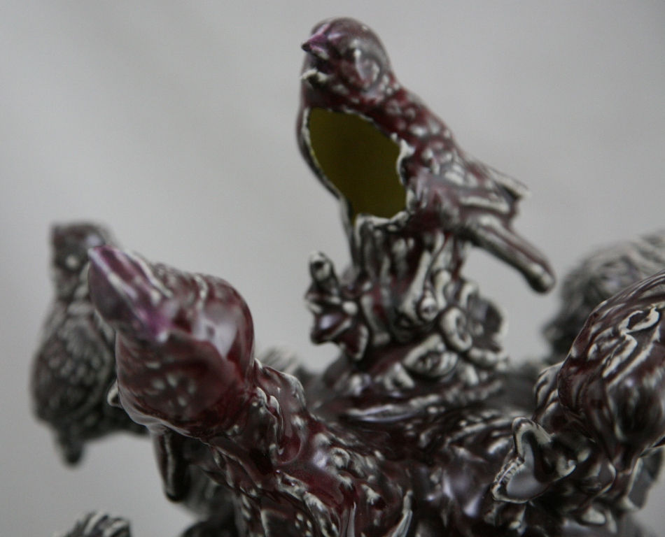 Thumbnail: Grace S. Putnam Baby 'Bye-Lo' Head Vase with Birds in Maroon Gloss Glazes