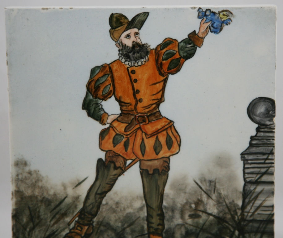 Thumbnail: English Art Tile Hand-Painted 'Falconer' Scene by Artist H.P. Steel Dated 1889