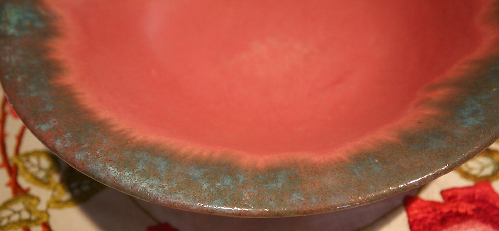 Thumbnail: Fulper Oversized Pedestaled Center Bowl No.T68 Green/Teal Over Rose Glazes F695