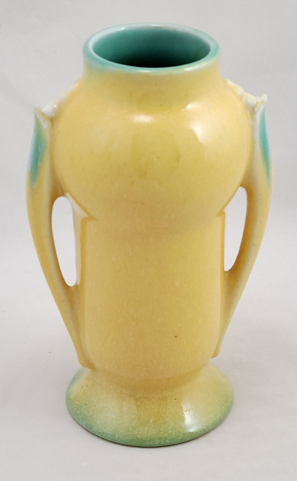 Roseville Orian Vase In Rich Yellow Glaze with Aqua Green Interior Shape 733-6