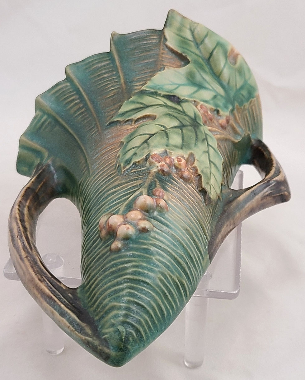 Thumbnail: ON HOLD Roseville Bushberry Wallpocket #1291-8 Rich Green Glaze Orange Berries