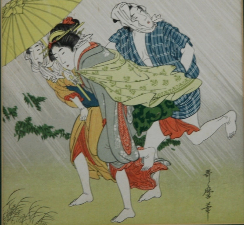 Thumbnail: Kitagawa Utamaro (1750-1806) 'Sheltering from the Rain'