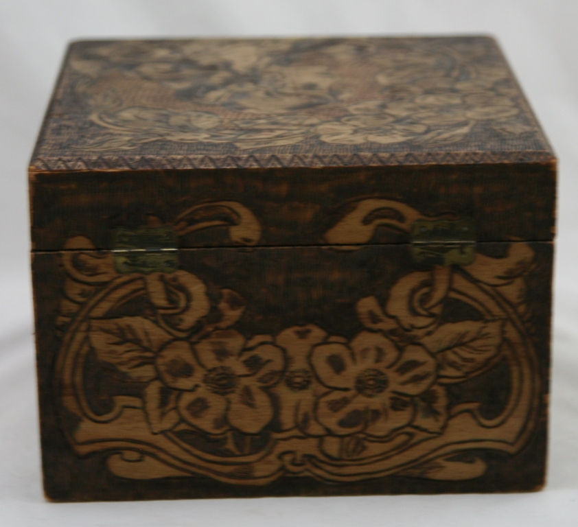 Thumbnail: Flemish Art Co. NY Pyrography Wooden Box Maiden/Rose Blossoms/Leaf Motif c1900