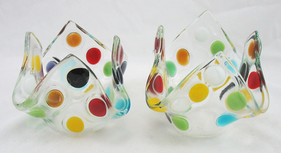 Thumbnail: Art Glass Pair of Handkerchief Vases in Cased-like Glass Dotted Colors