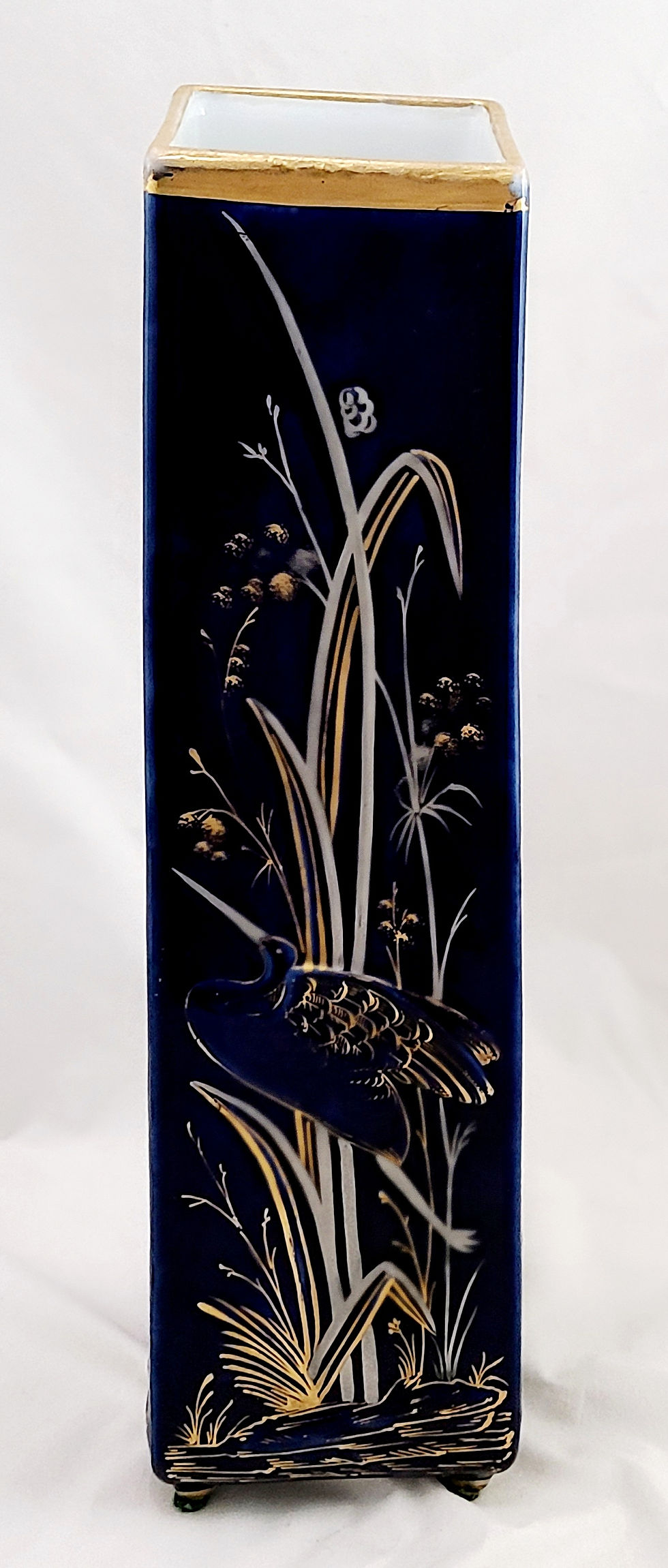 Thumbnail: WC & Co. Japanesque Tall Footed Vessel with Cranes and Insects in Cobalt/Gilt c1