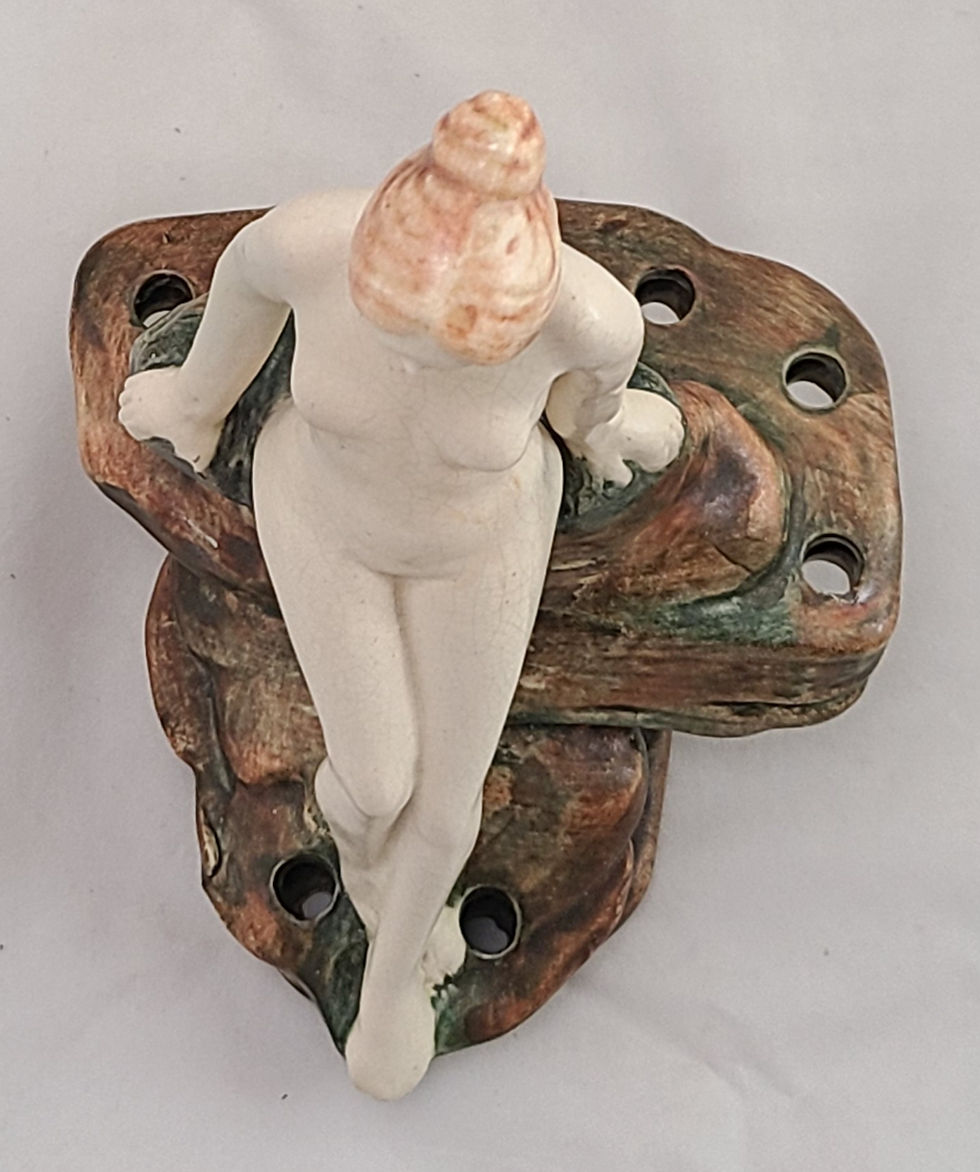Thumbnail: Weller Muskota Nude Leaning on a Grassy Ledge Figural Flower Frog Original Cond
