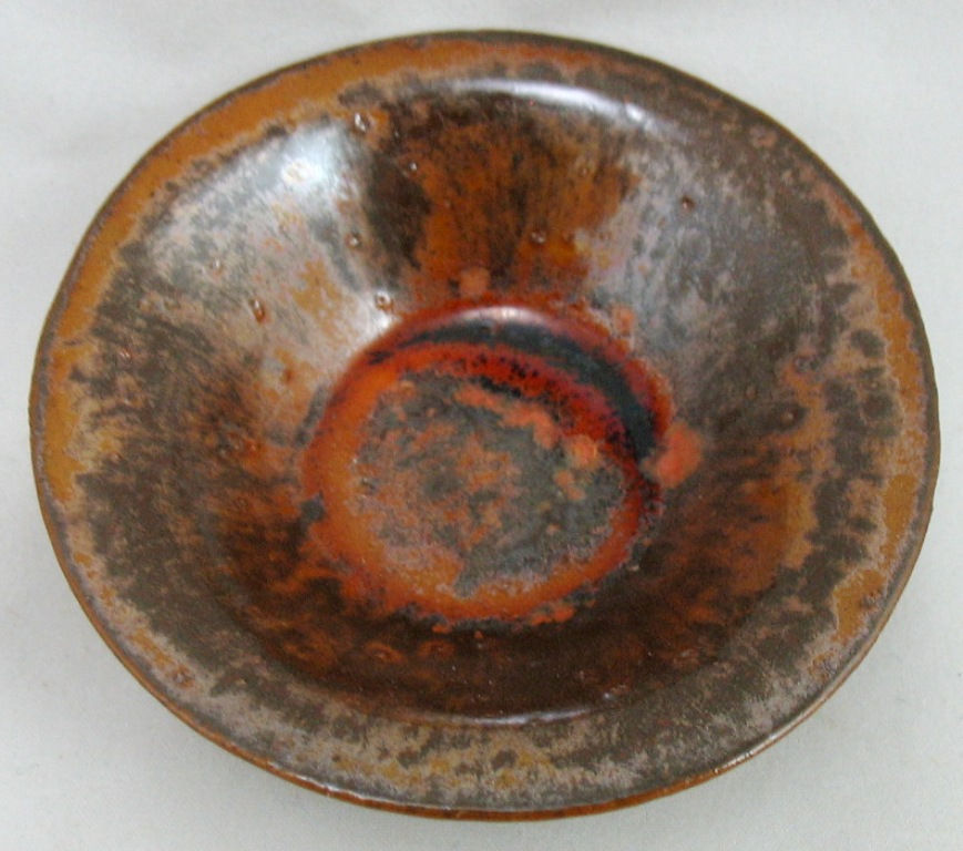 Thumbnail: Paul Revere Pottery Miniature Flared Bowl Firey Orange/Brown Glaze Paper Label