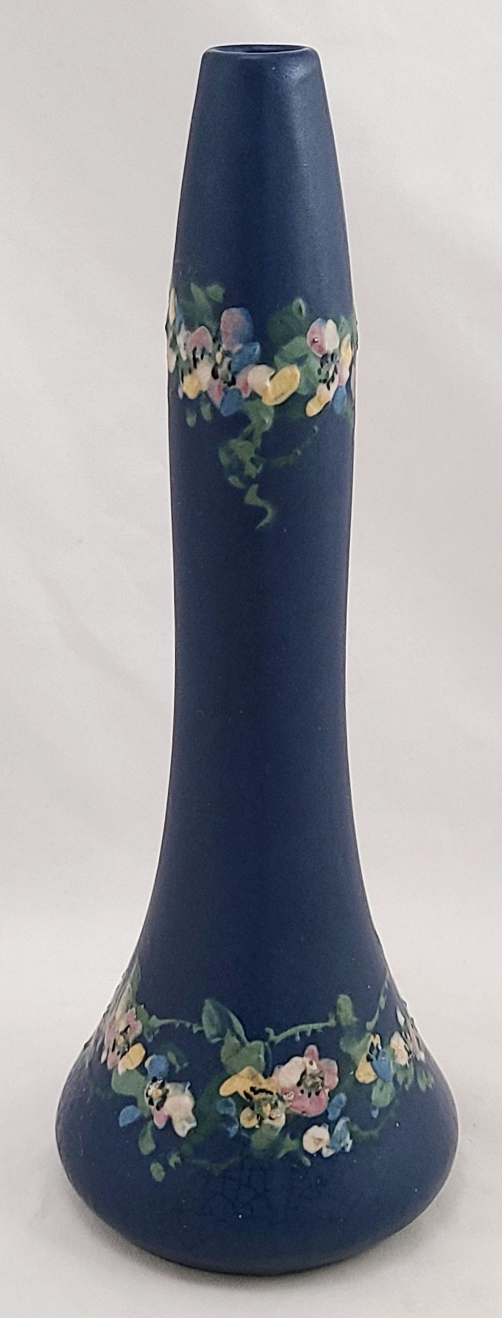 Thumbnail: Weller Hudson Blue And Decorated Tall Bud Vase with Blossom Garlands c1920