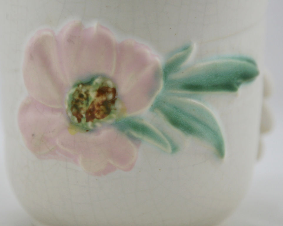 Thumbnail: Weller Rudlor 7" Vase W/Leafy Handles Blossom/Bud Matte White/Pink Glaze